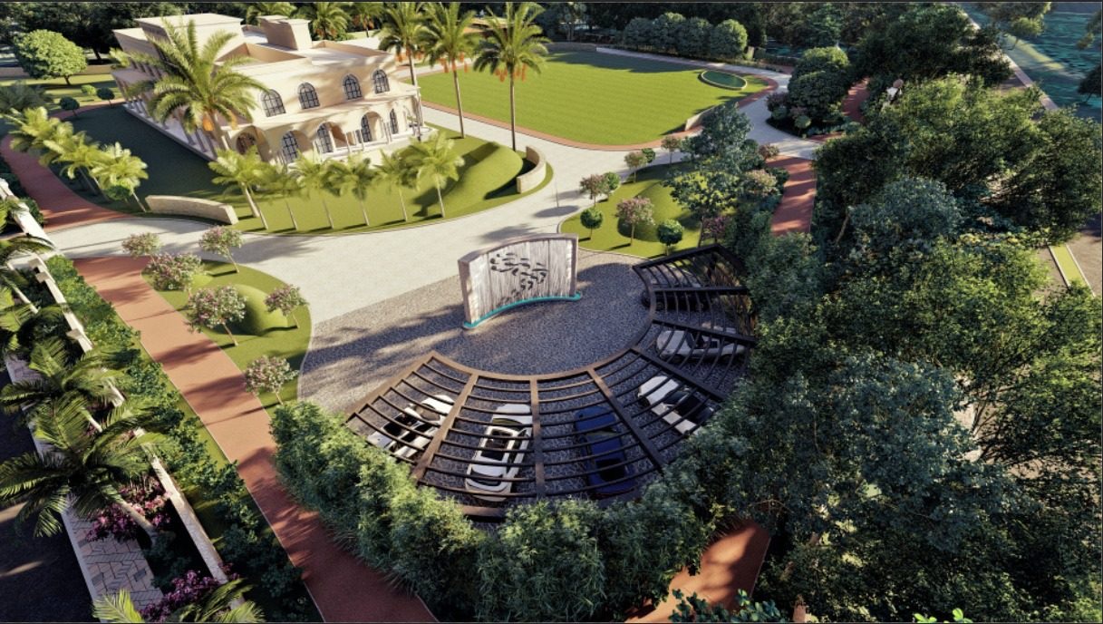 Chhawla Farm — aerial of the fan-shaped pergola car court and the water wall