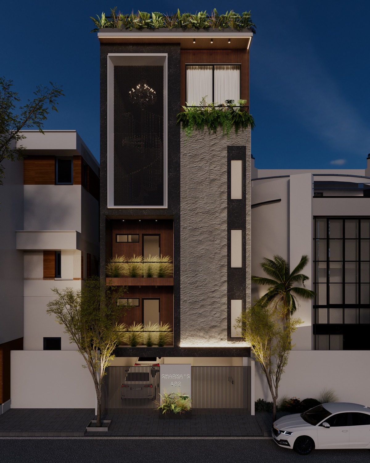 F-482 — five-storey facade at dusk