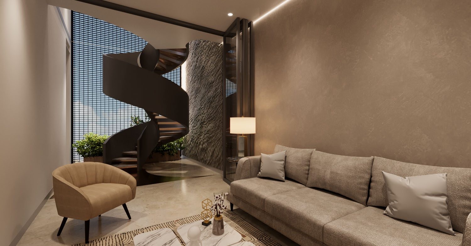 F-482 — second-floor lounge with the spiral stair