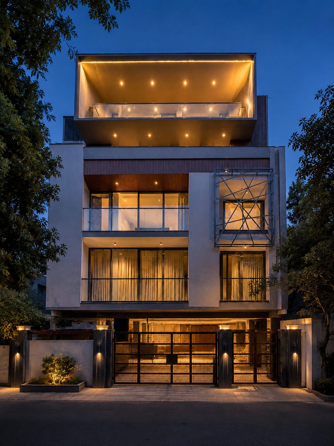 Porthole residence facade at dusk